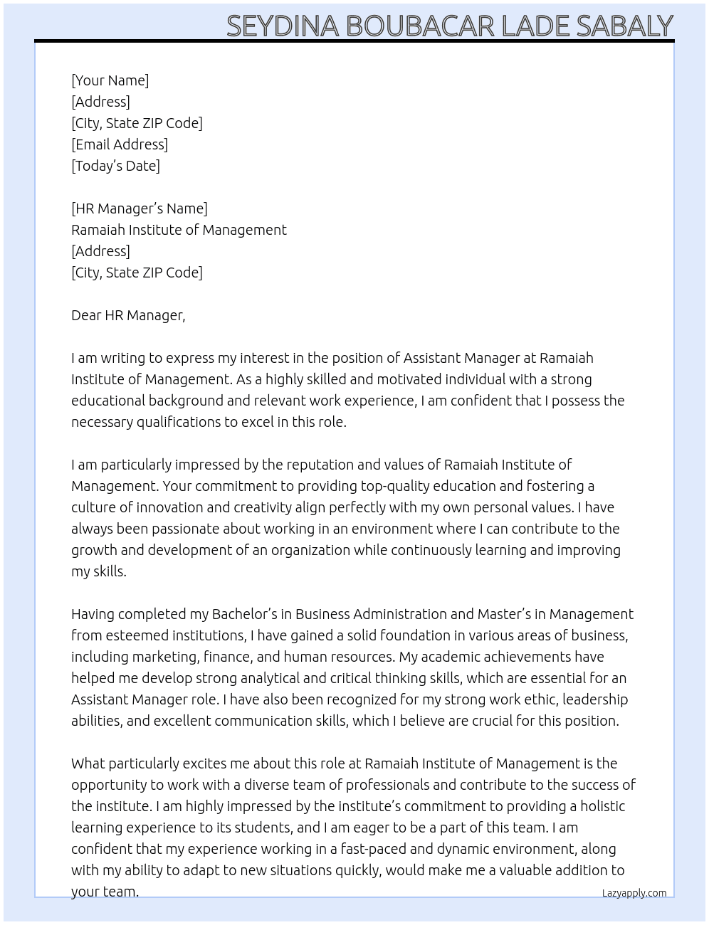 Assistant Manager At Ramaiah Institute of Management  Cover Letter