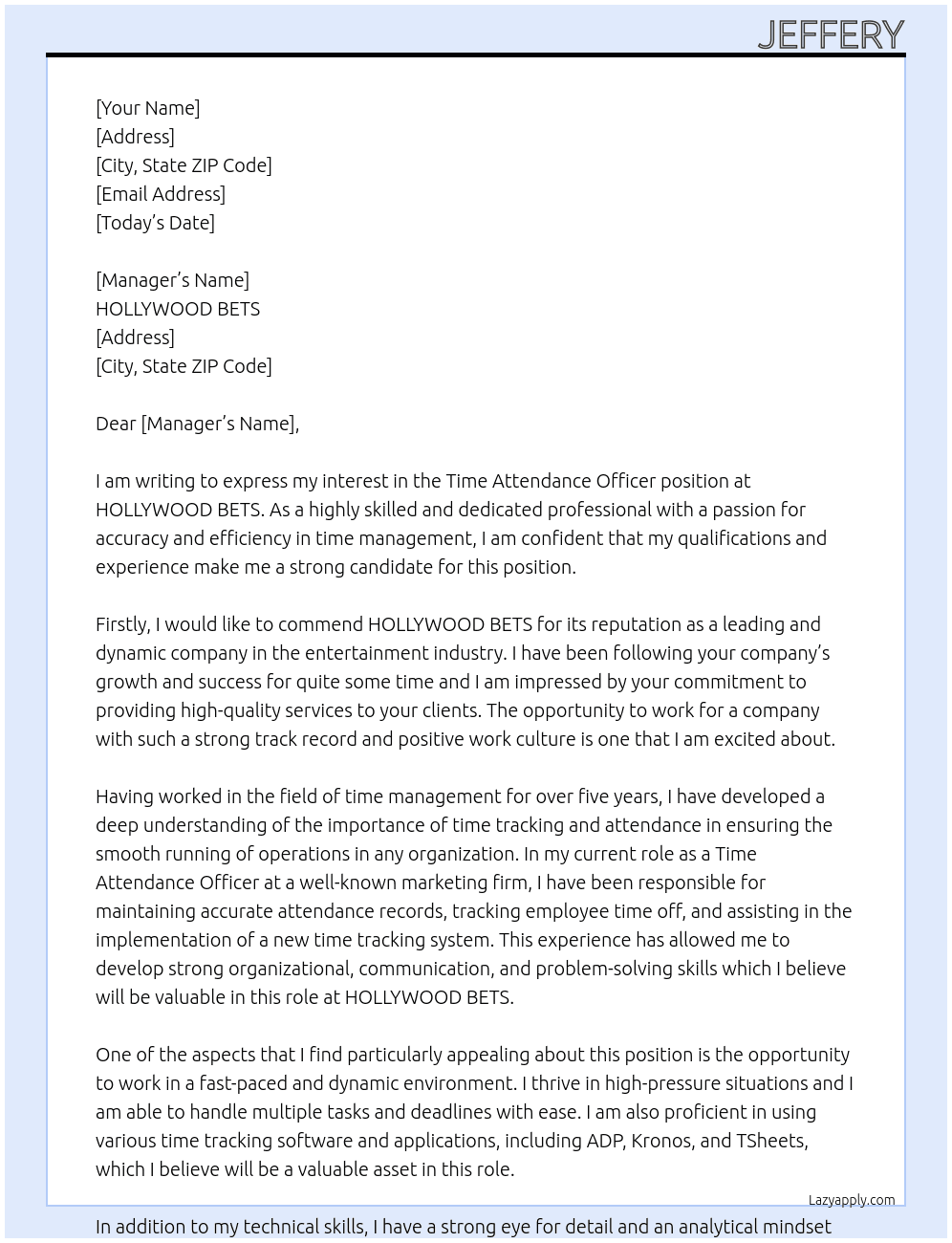 Cover letter for time attendance officer - LazyApply