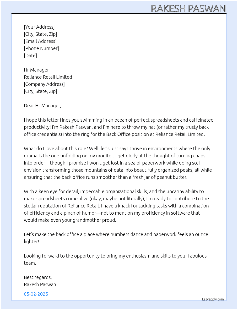 Back office  At Reliance Retail Limited  Cover Letter