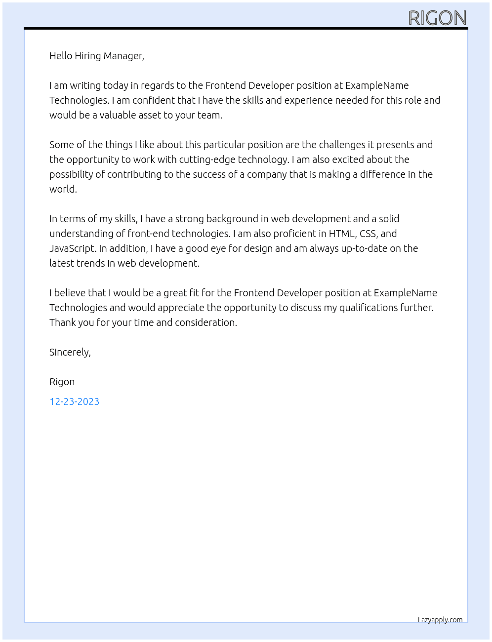 Frontend Developer At ExampleName Technologies Cover Letter