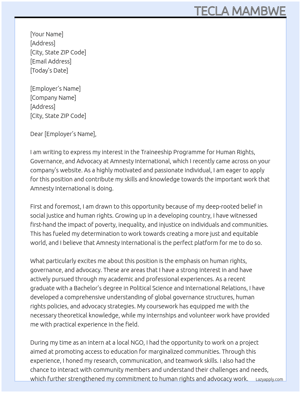 Traineeship Programme for Human Rights, Governance and Advocay At Amnesty International Cover Letter