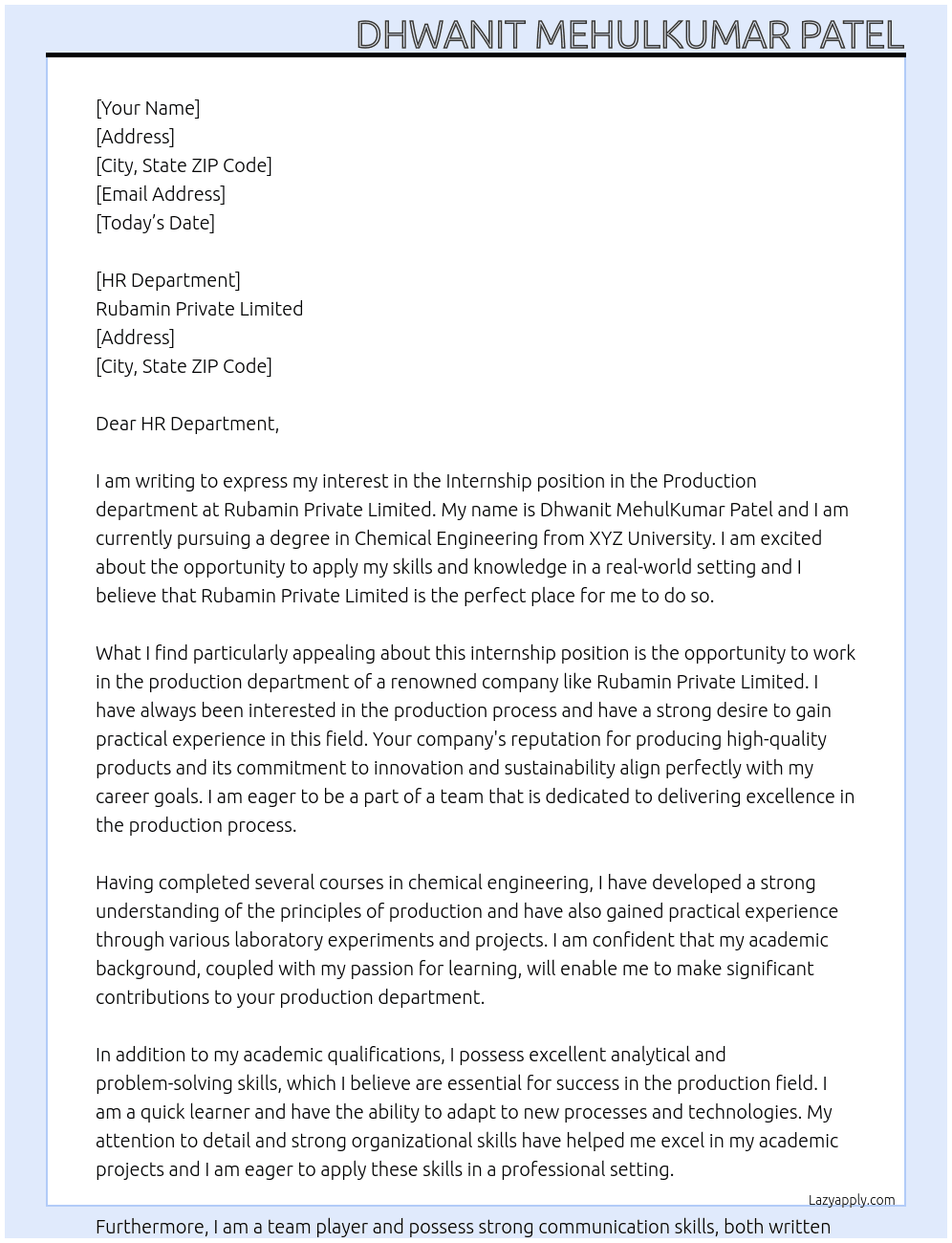 Internship in Production department At Rubamin Private Limited Cover Letter