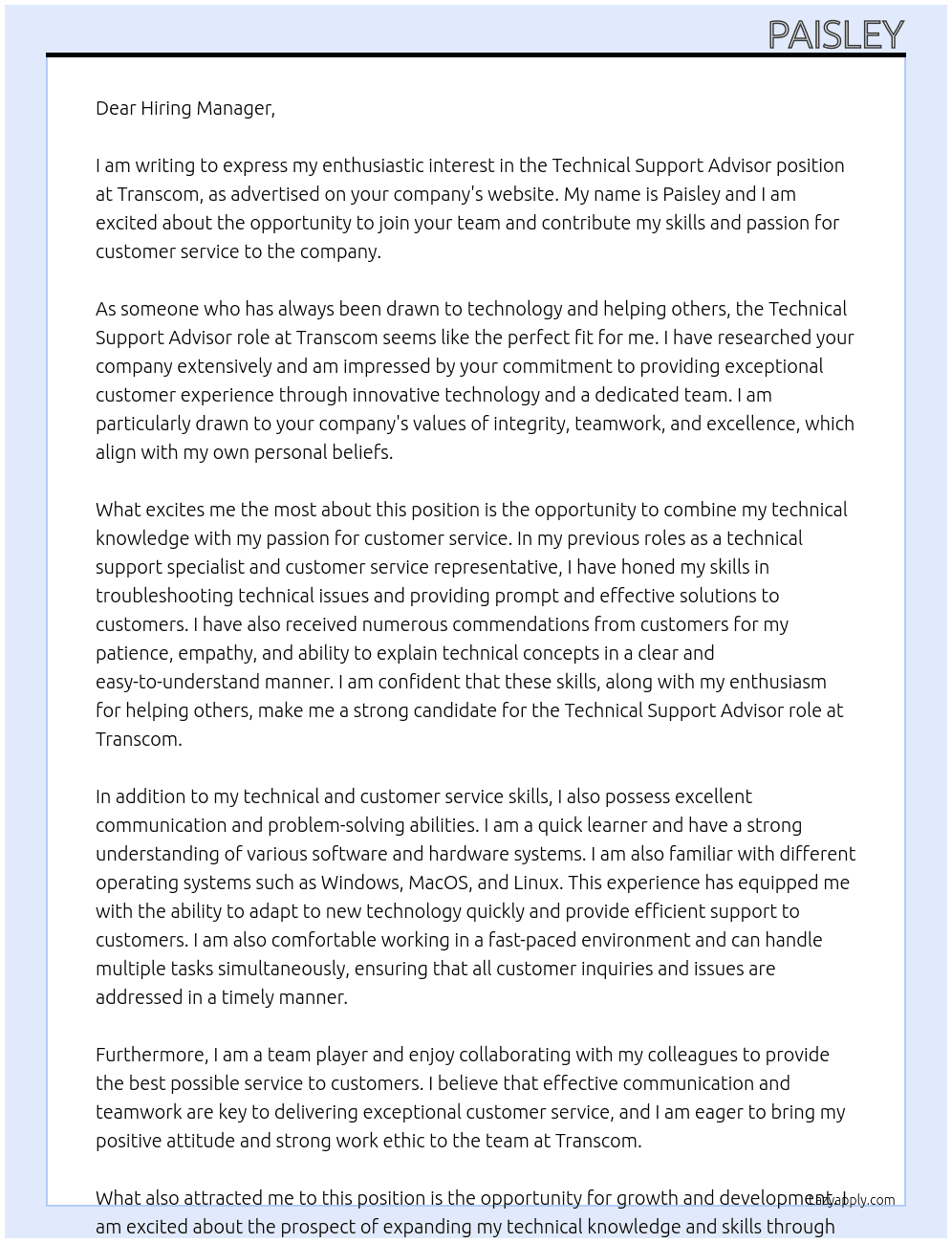 Technical Support Advisor  At Transcom Cover Letter