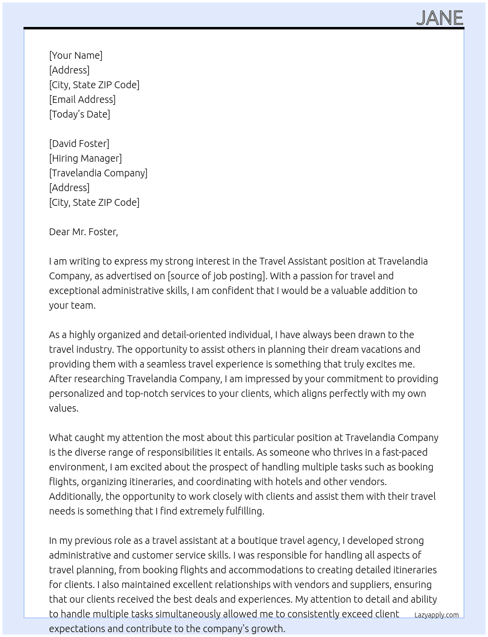 Travel Assistant At Travelandia Company Cover Letter