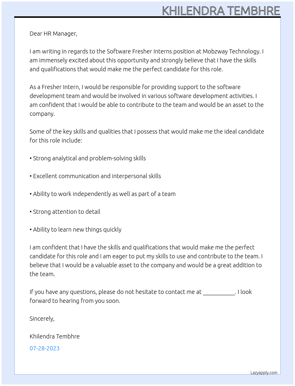 Software Fresher Interns At Mobzway Technology Cover Letter
