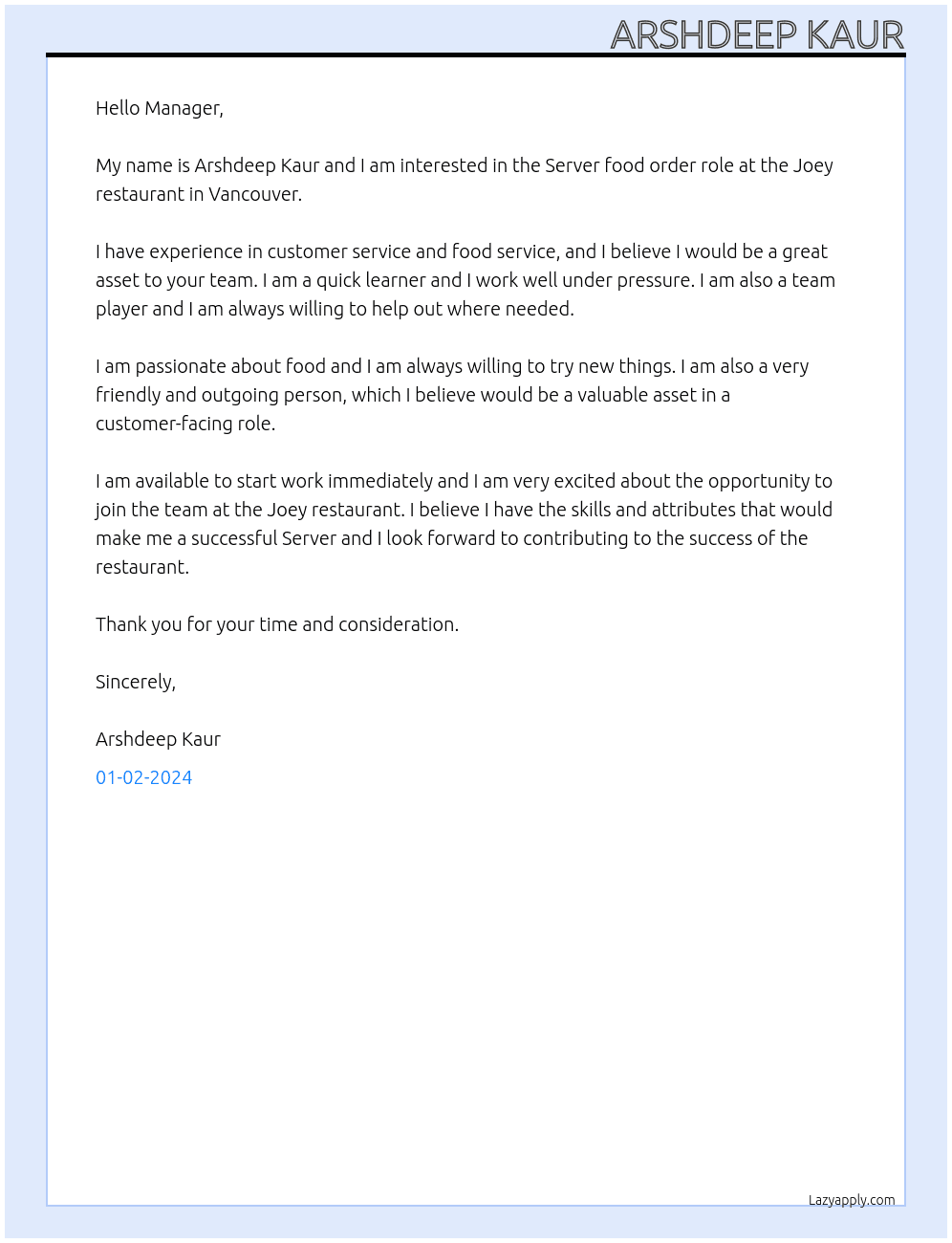 Server At Joey restaurant  Cover Letter