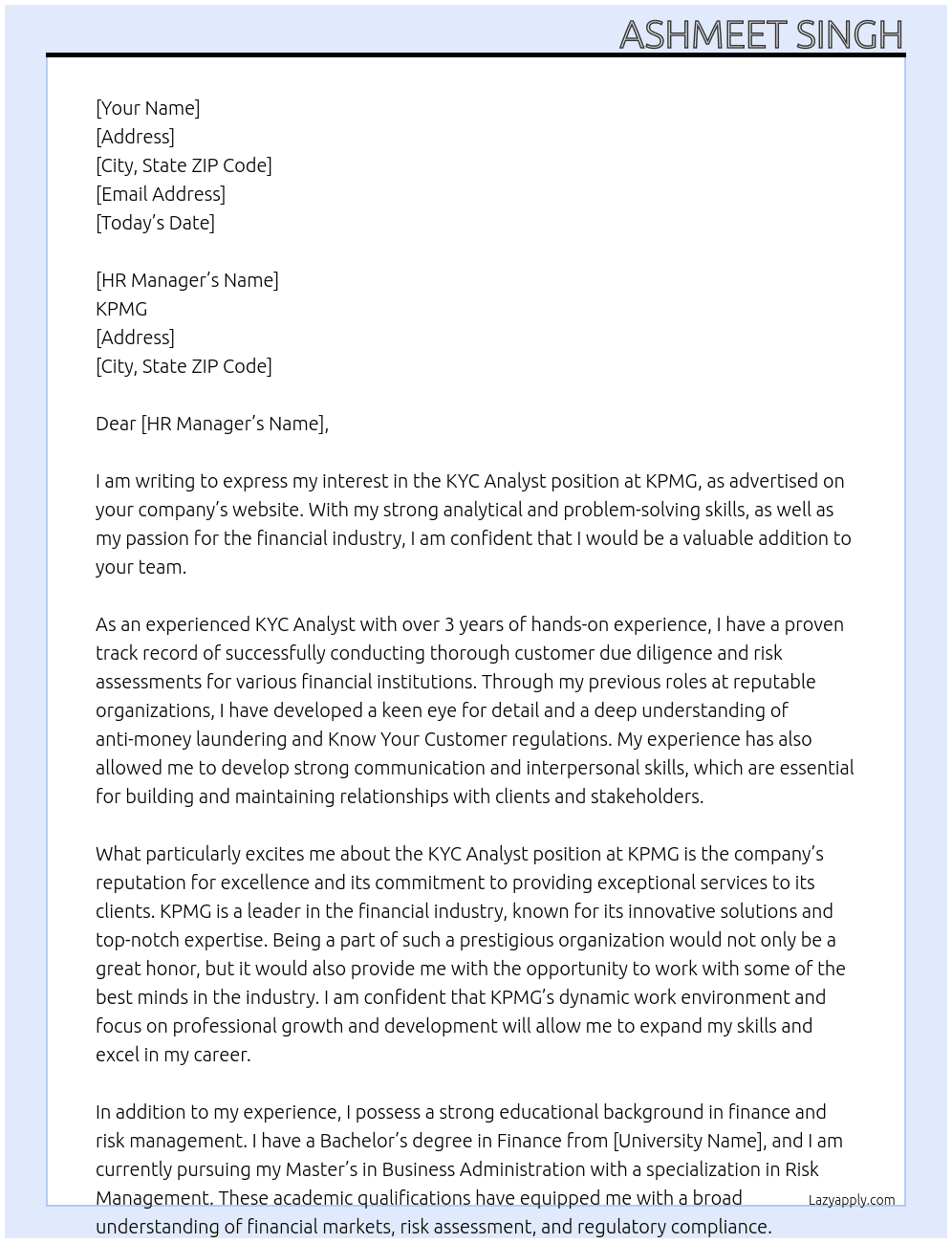 Kyc analyst At Kpmg Cover Letter
