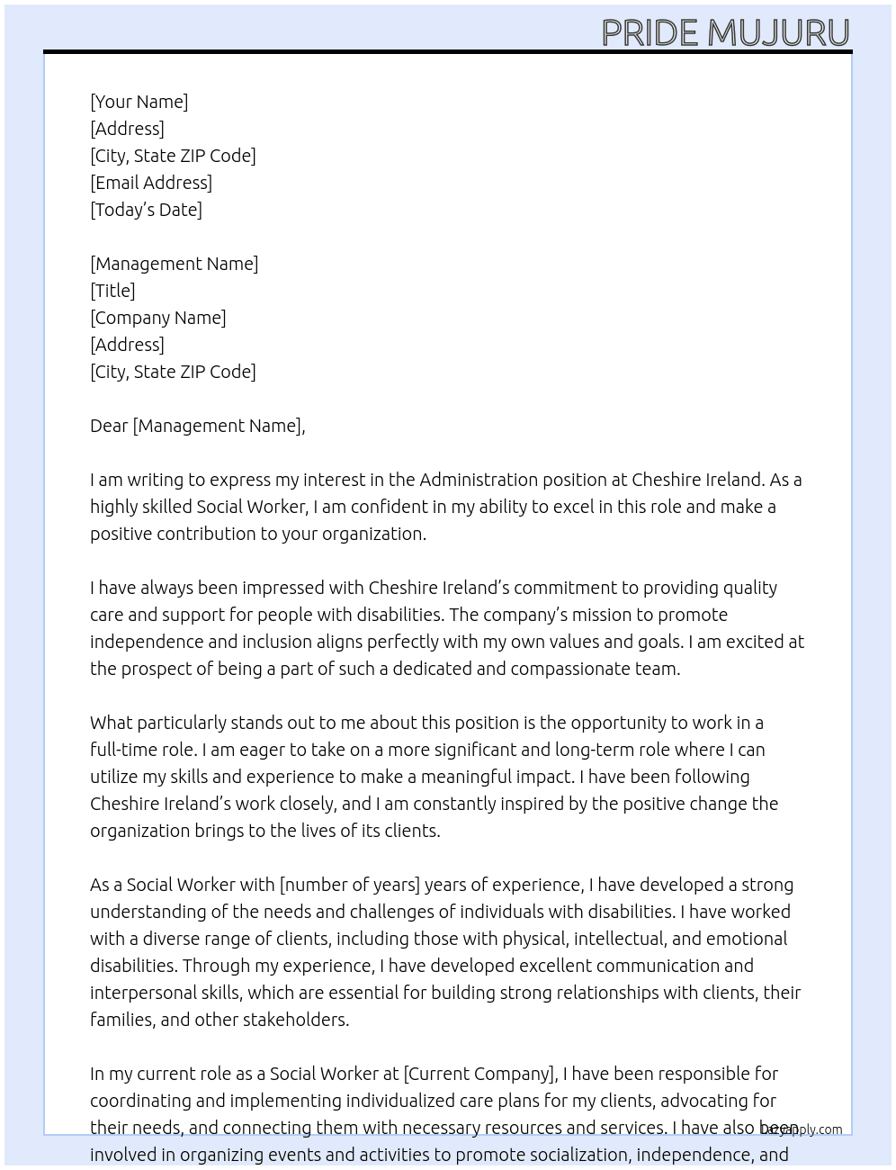 Administration  At Cheshire Ireland  Cover Letter