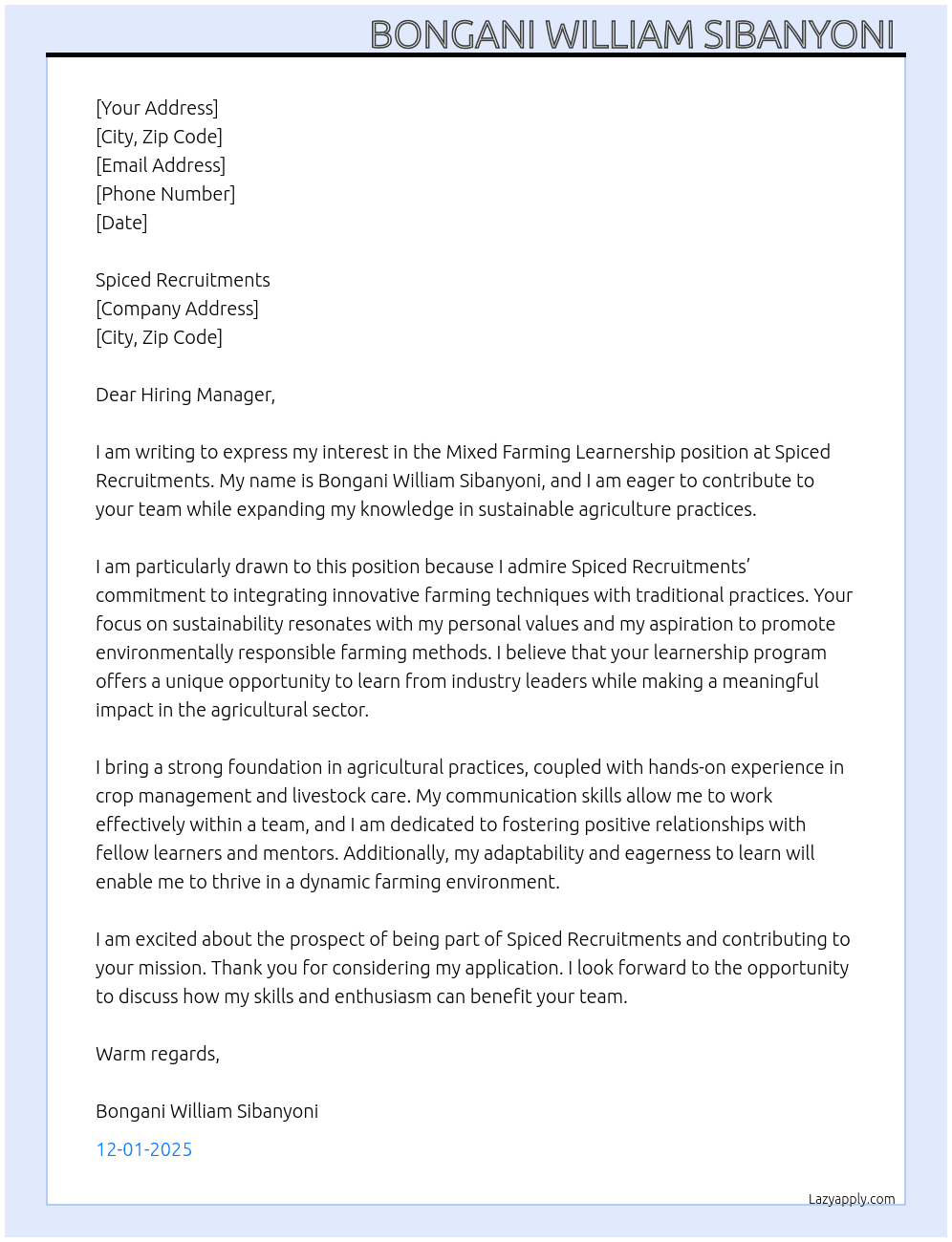Mixed farming learnership  At Spiced recruitments Cover Letter