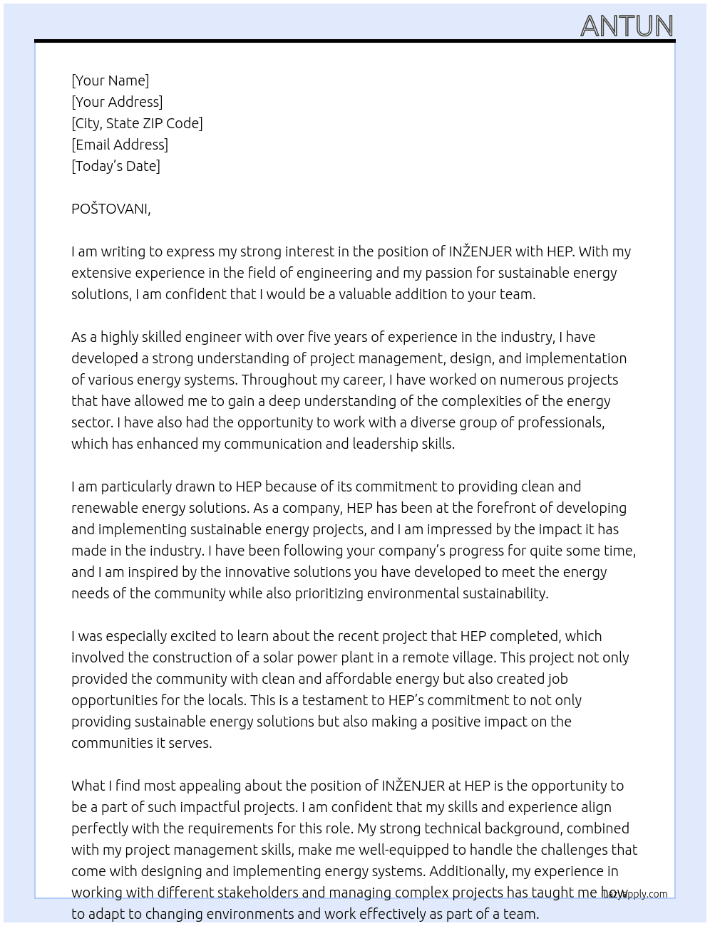INŽENJER At HEP Cover Letter