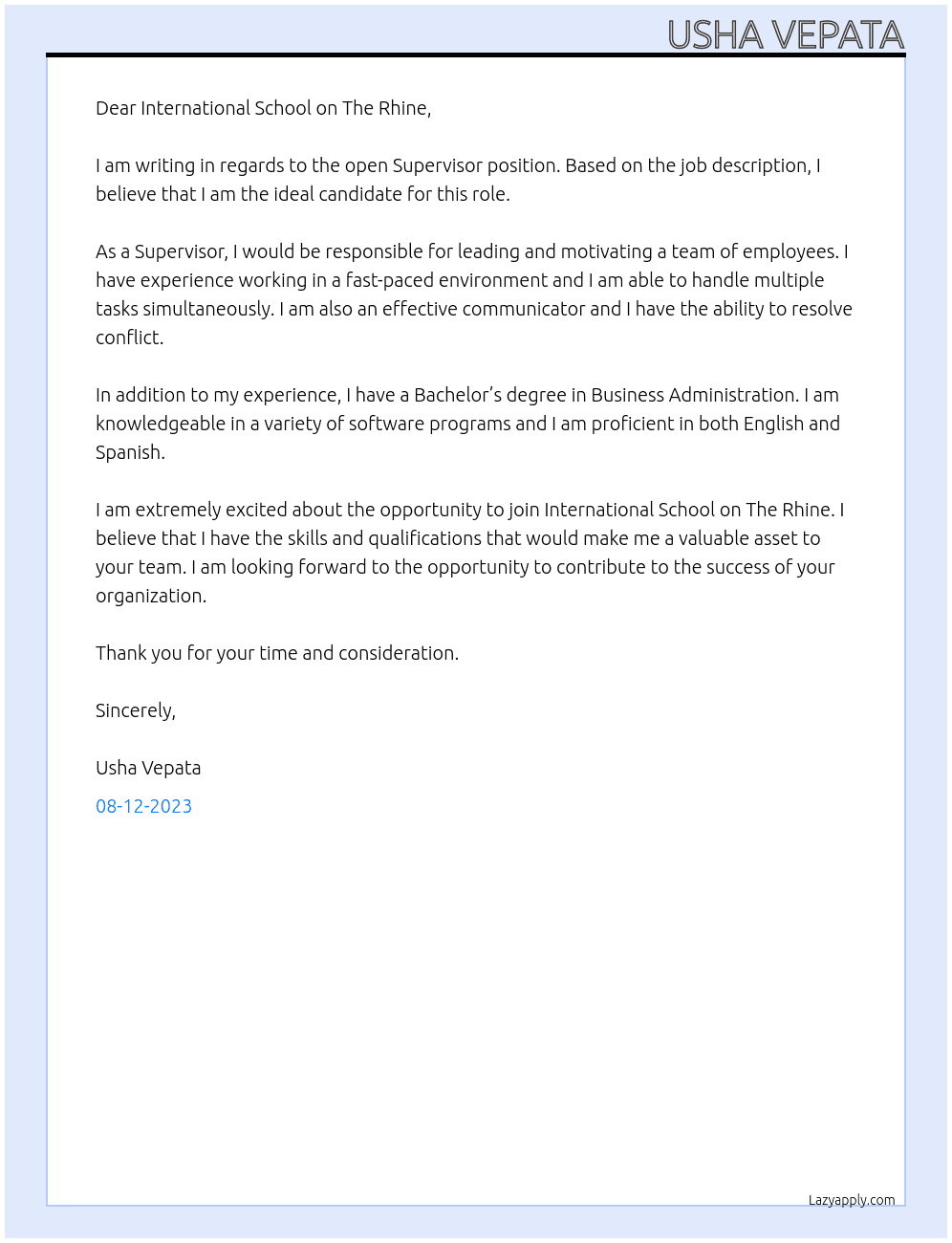 Supervisor At International School on The Rhine Cover Letter