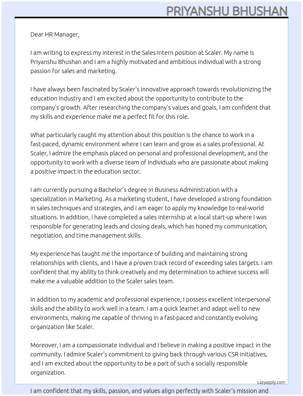 Sales Intern At Scaler Cover Letter
