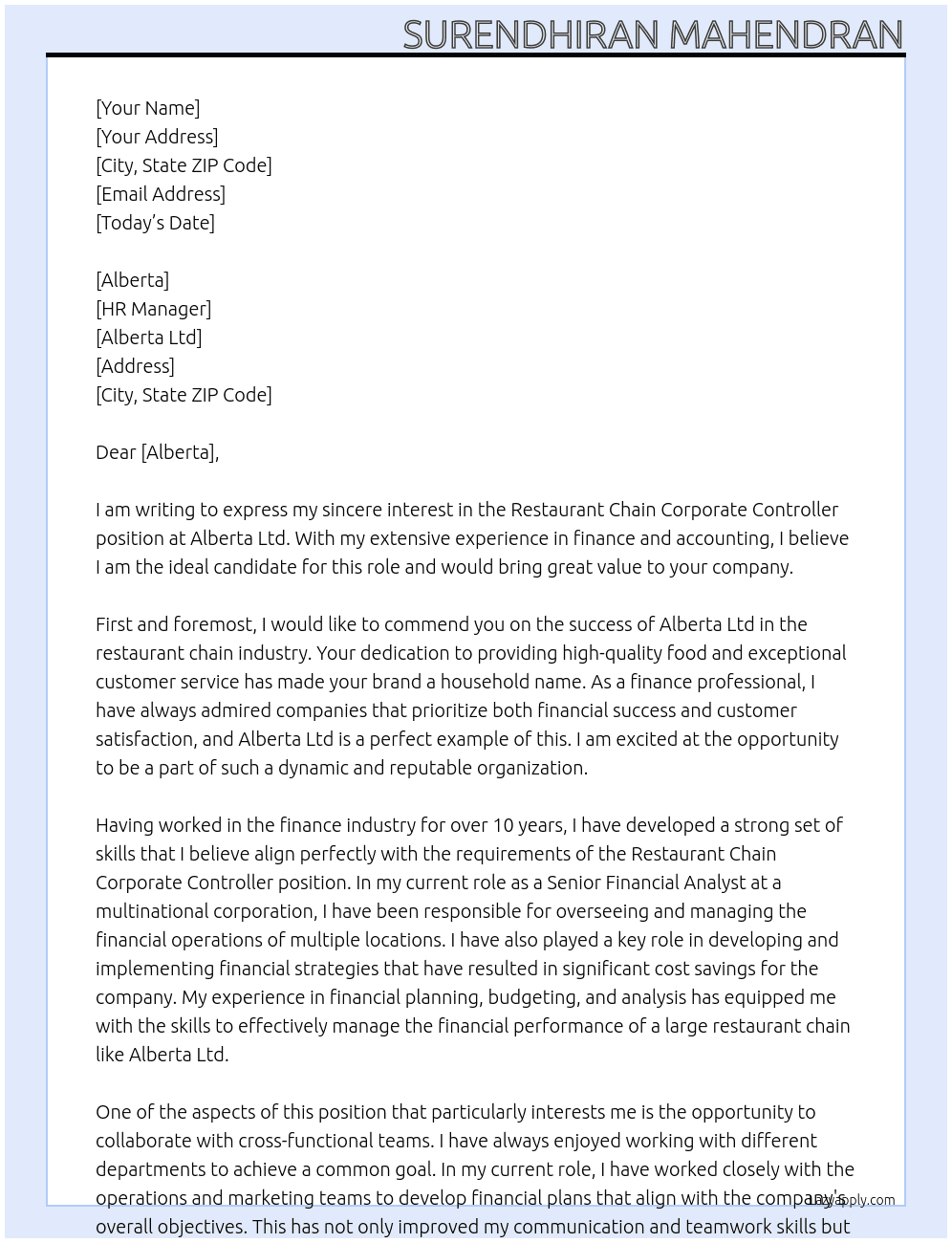 Restaurant chain corporate controller At Alberta Ltd Cover Letter