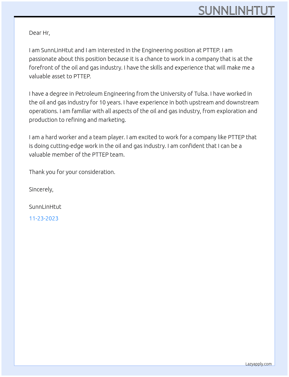Engineering  At PTTEP Cover Letter