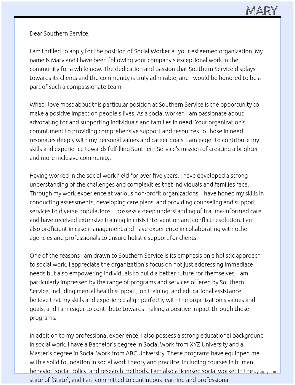 Social Worker  At Southern Service  Cover Letter