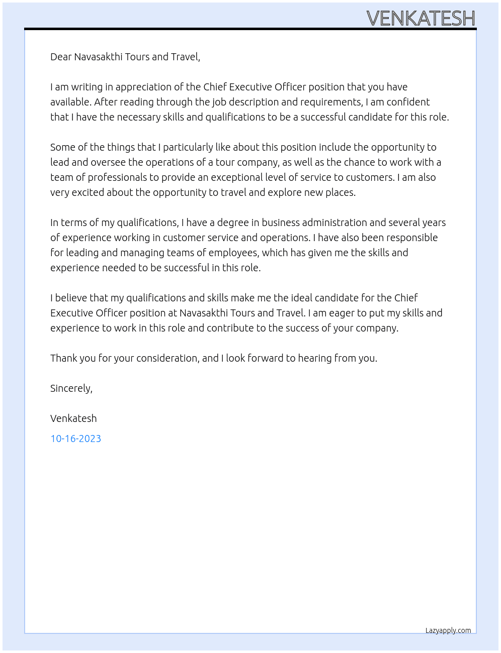 Chief Executive Officer At NAVASAKTHI TOURS AND TRAVEL Cover Letter
