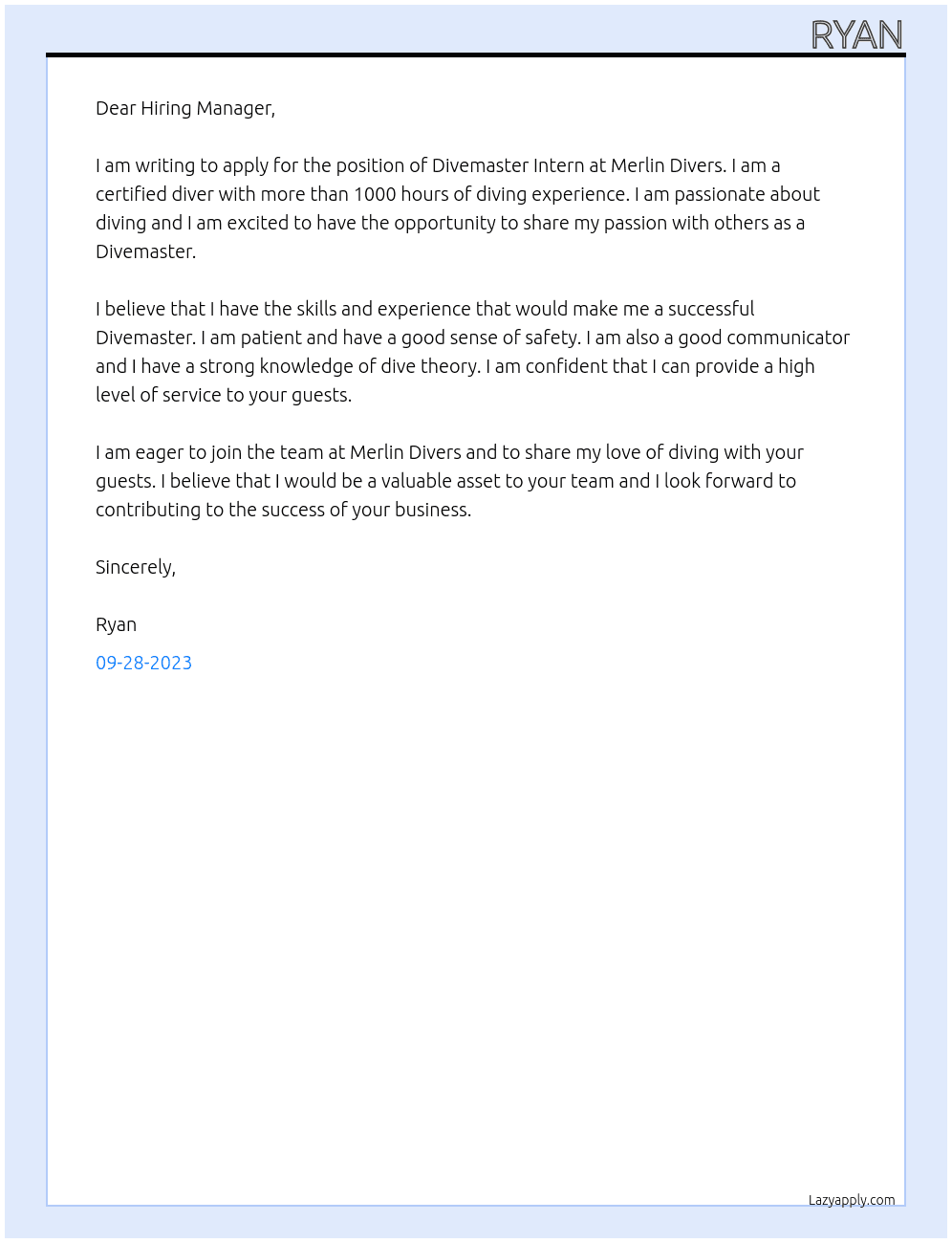 Divemaster Intern At Merlin Divers Cover Letter