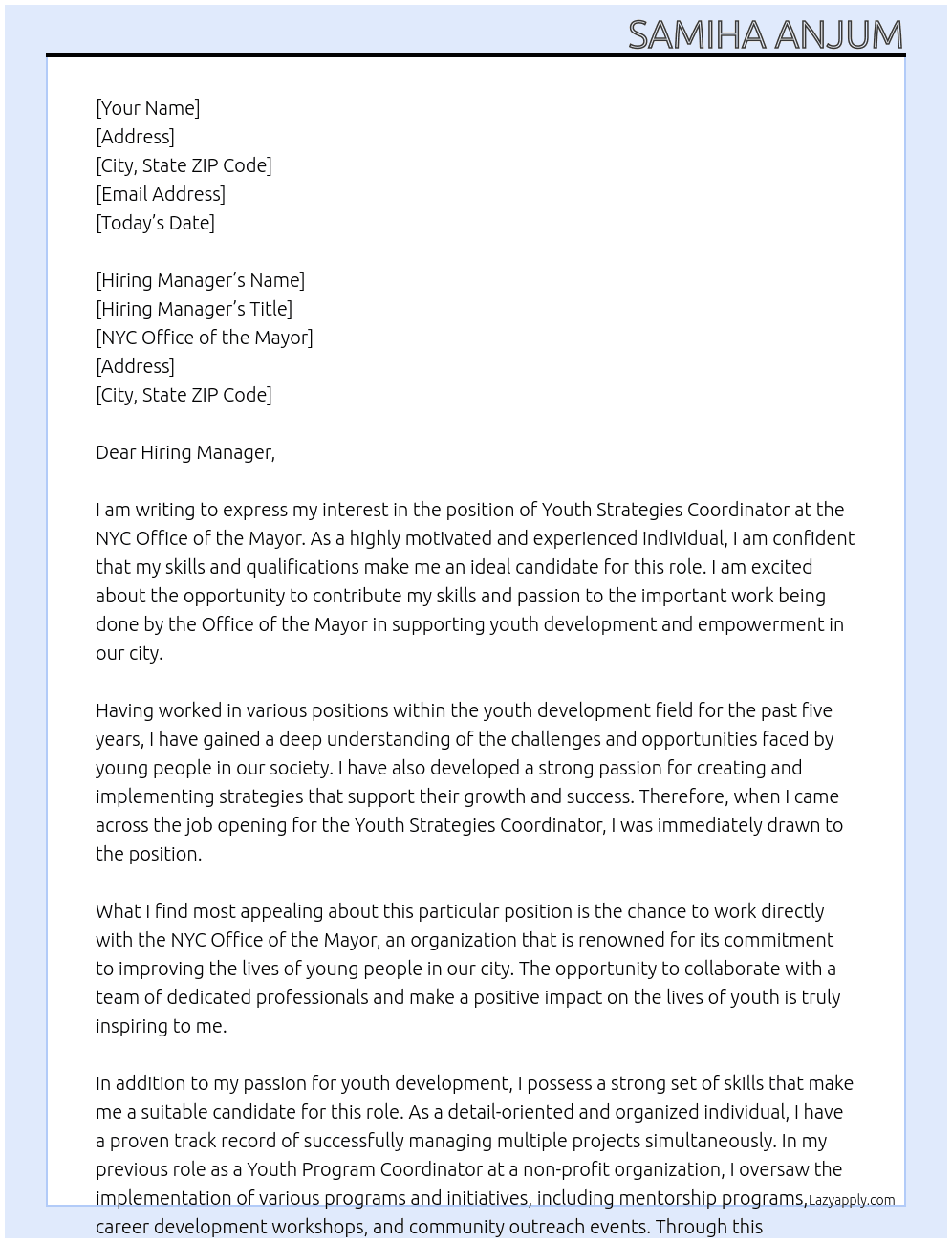 Youth Strategies Coordinator At NYC Office of the Mayor Cover Letter