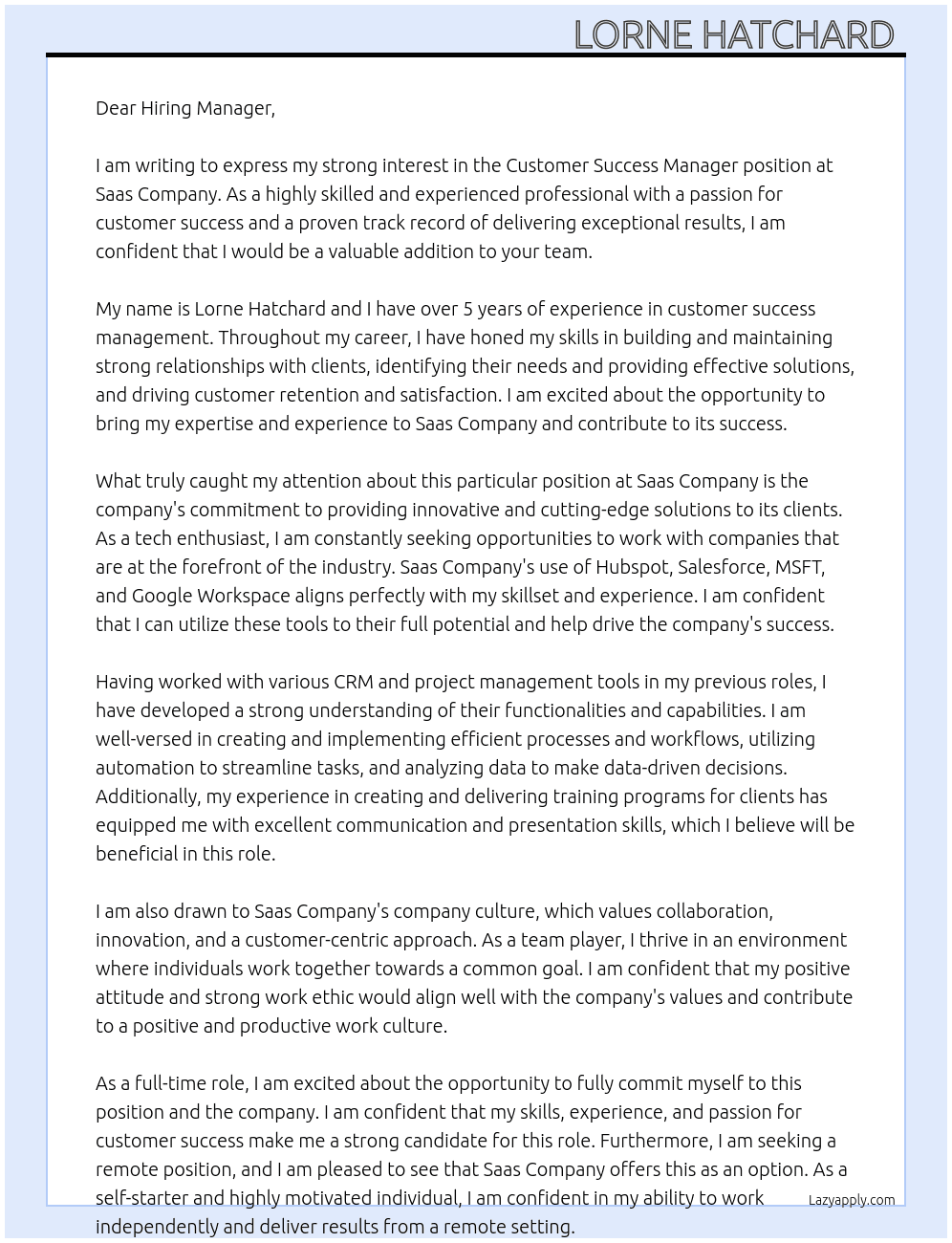 Customer Success Manager  At Saas Company  Cover Letter
