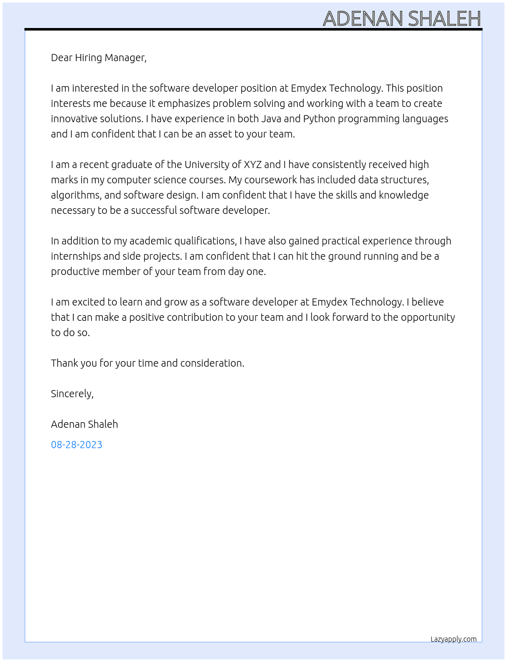 software developer At Emydex Technology Cover Letter