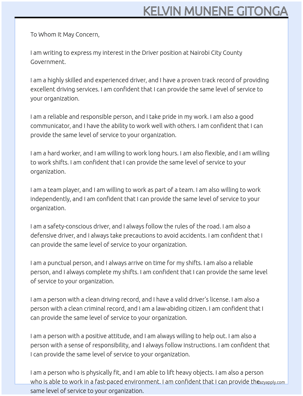 Driver  At Nairobi City County Governmemt Cover Letter