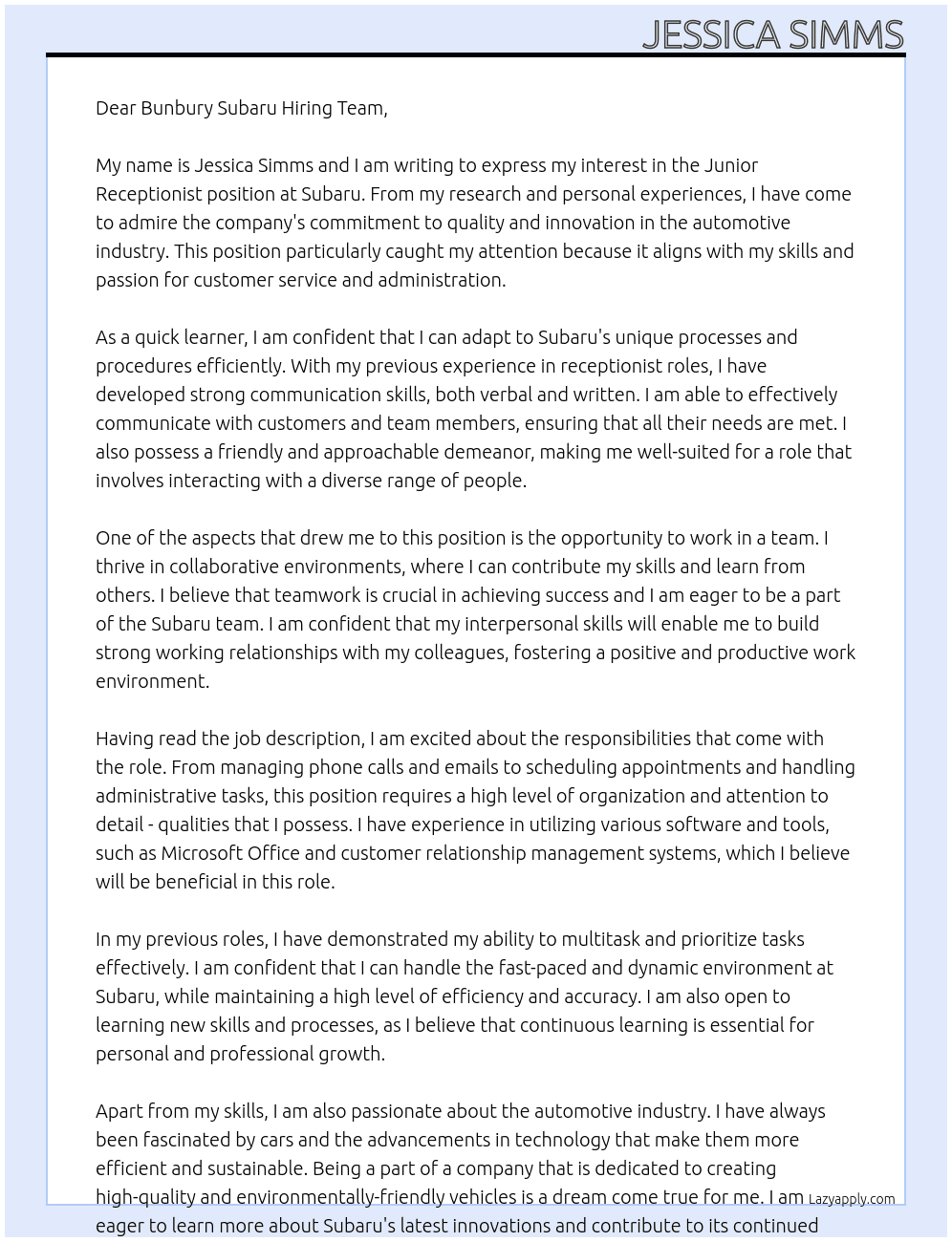 Junior Receptionist  At Subaru Cover Letter