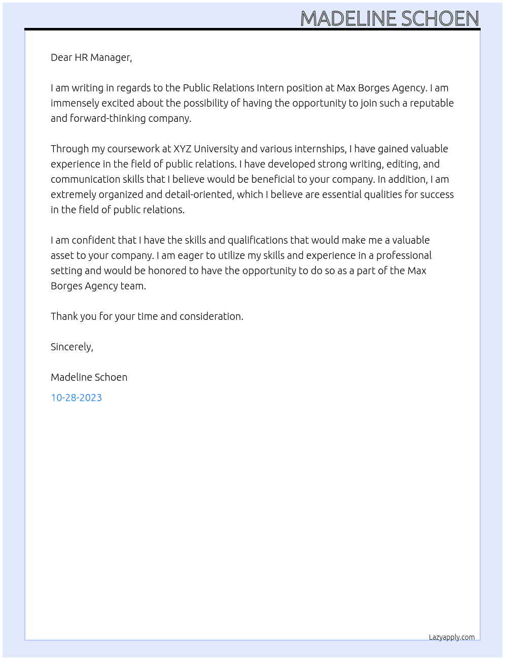 Public Relations Intern At Max Borges Agency Cover Letter