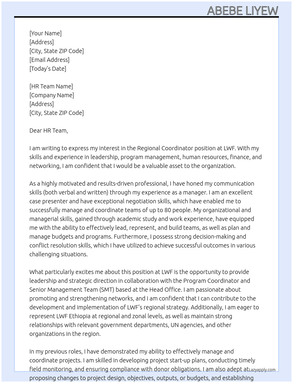 Regional Coordinator At LWF Cover Letter