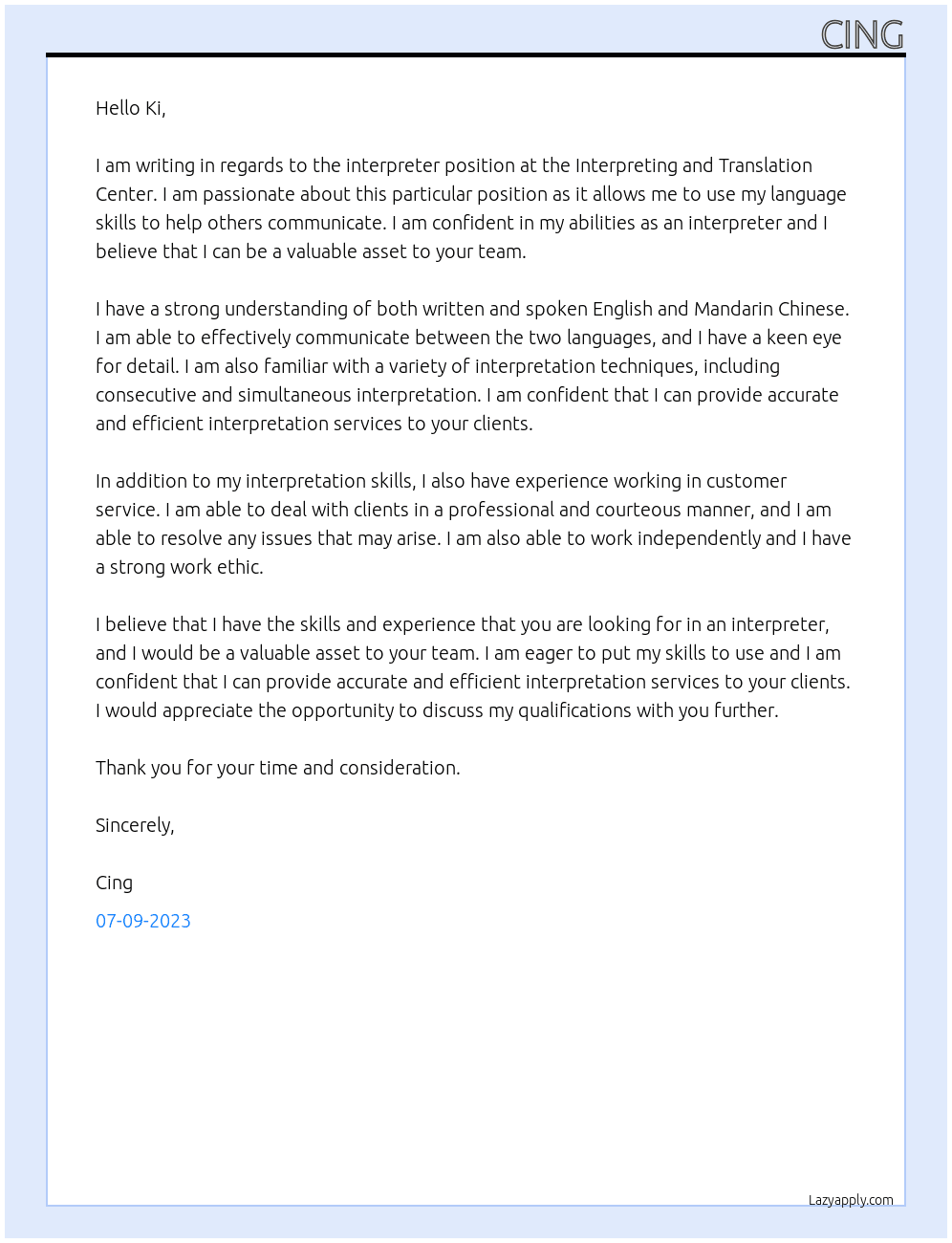interpreter At interpreting and translation center Cover Letter