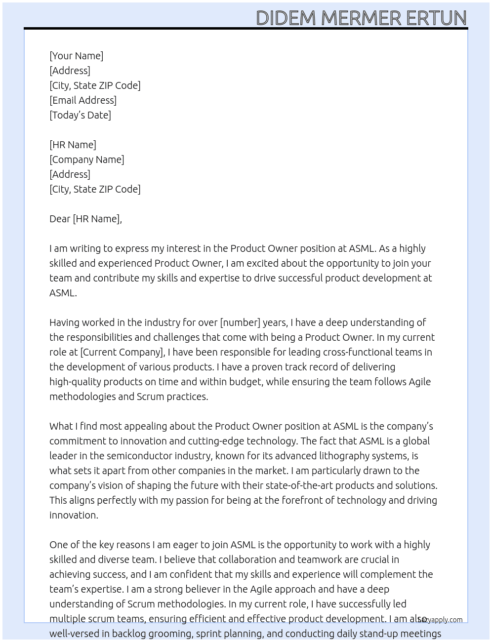 product owner At ASML Cover Letter