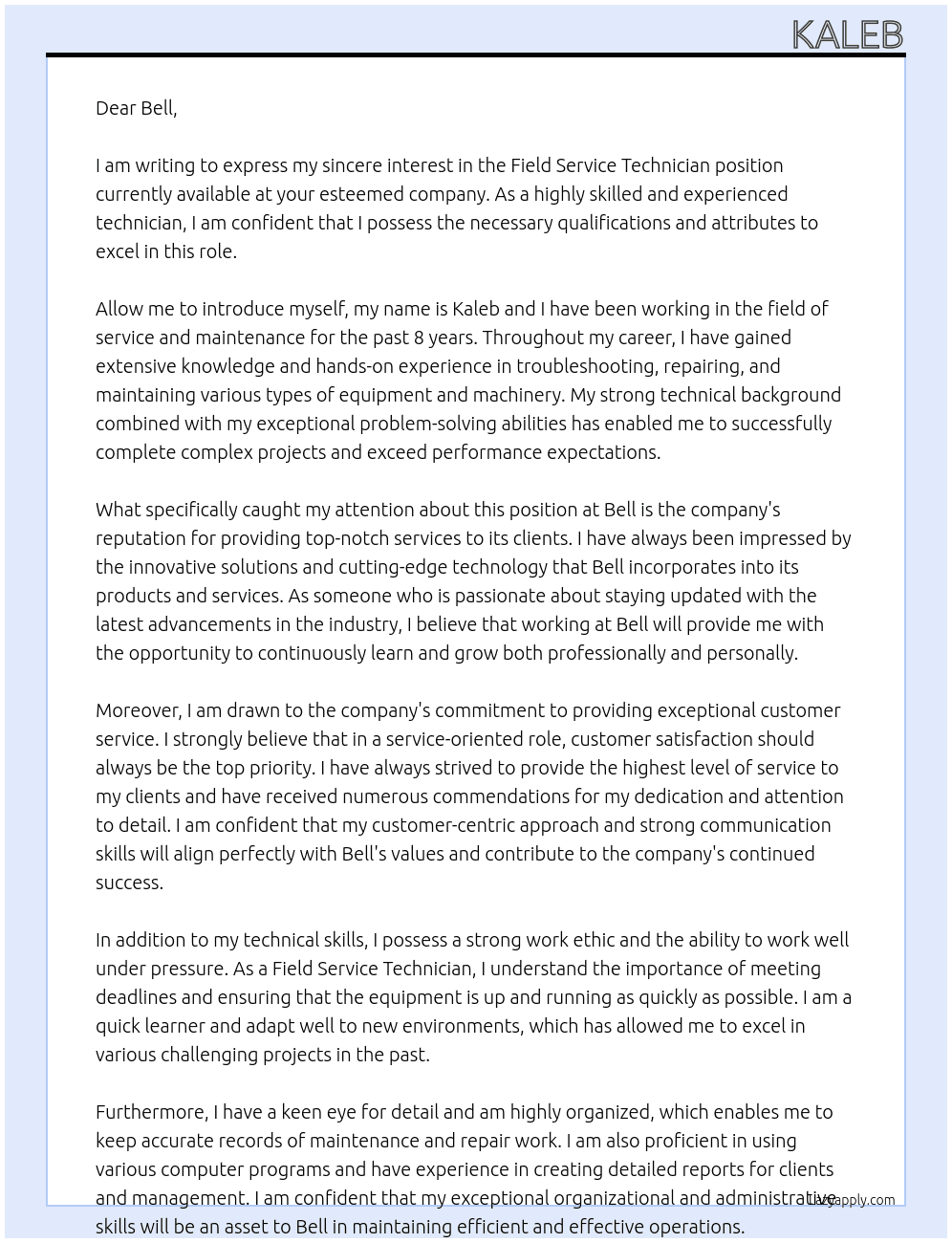Feild service technician  At Bell Cover Letter