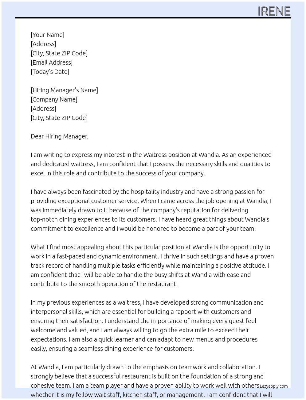 Waitress At Wandia Cover Letter