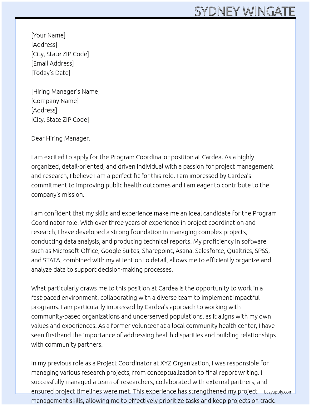 Program Coordinator At Cardea Cover Letter
