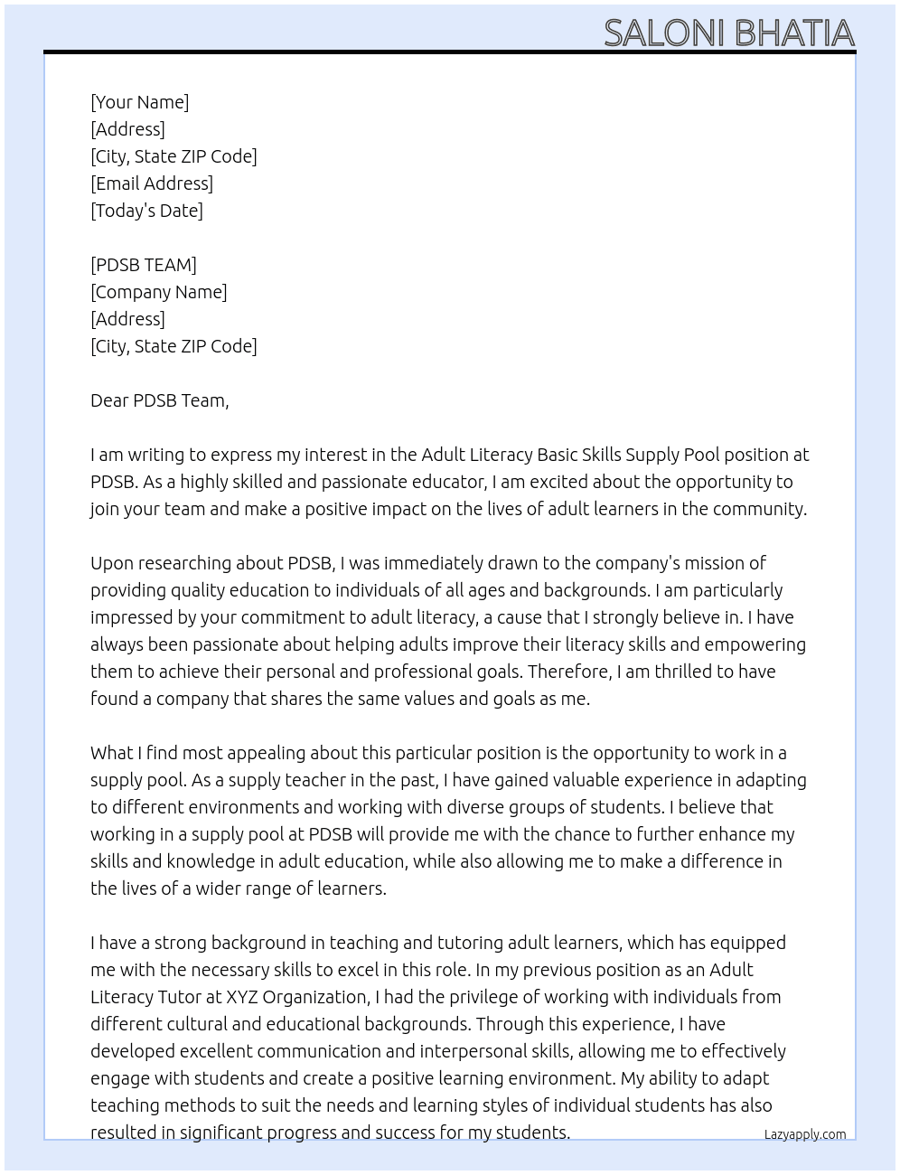 Adult Literacy Basic Skills Supply Pool At PDSB Cover Letter