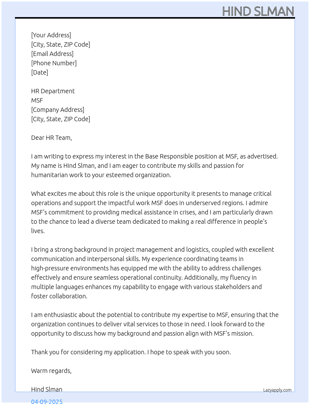 Cover letter for base responsible - LazyApply