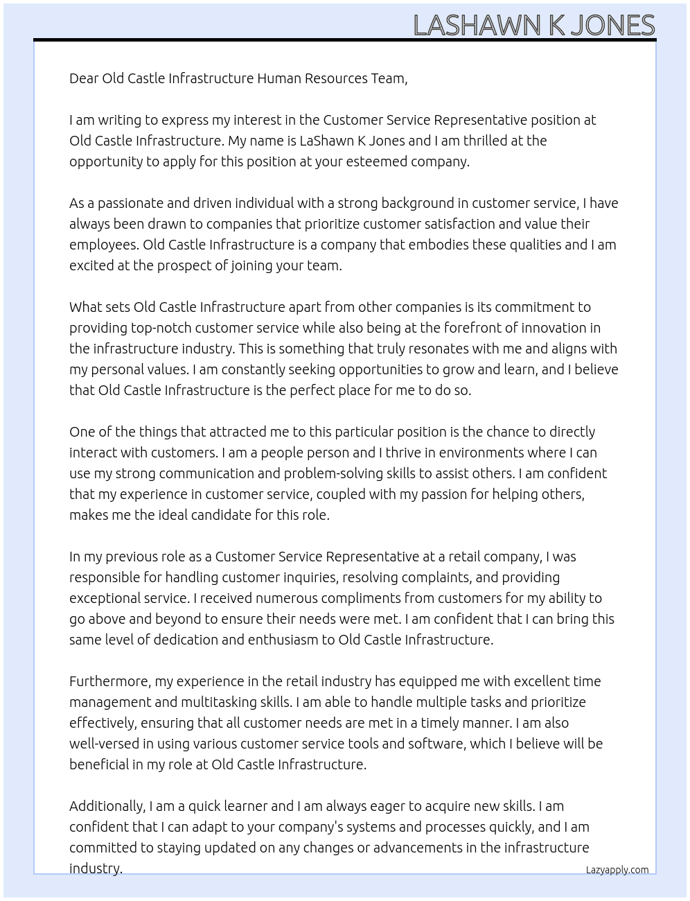 Customer Service Representative At Old Castle Infrastructure Cover Letter