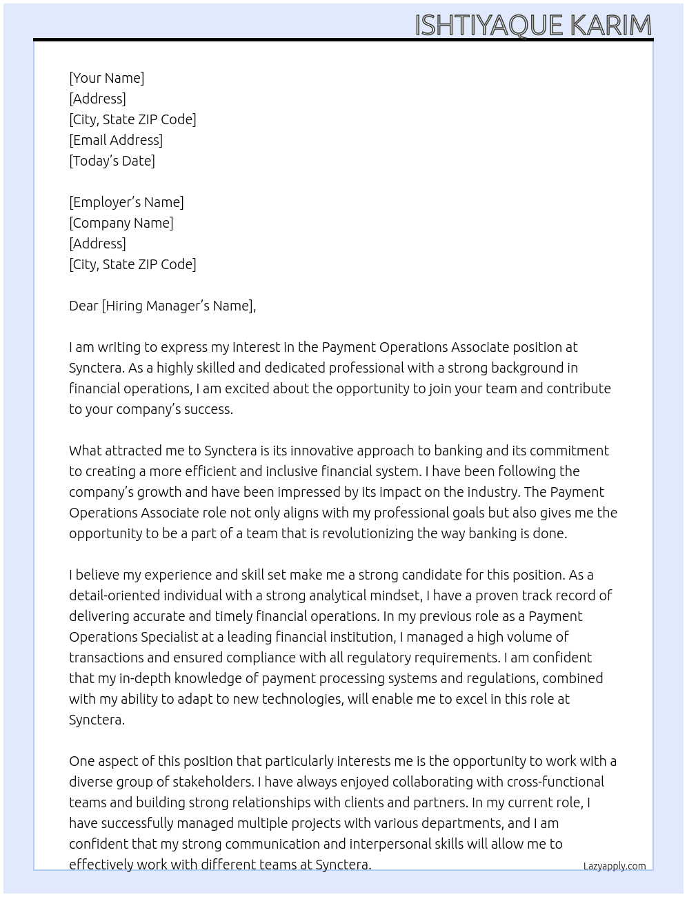 Payment Operations Associate At Synctera Cover Letter