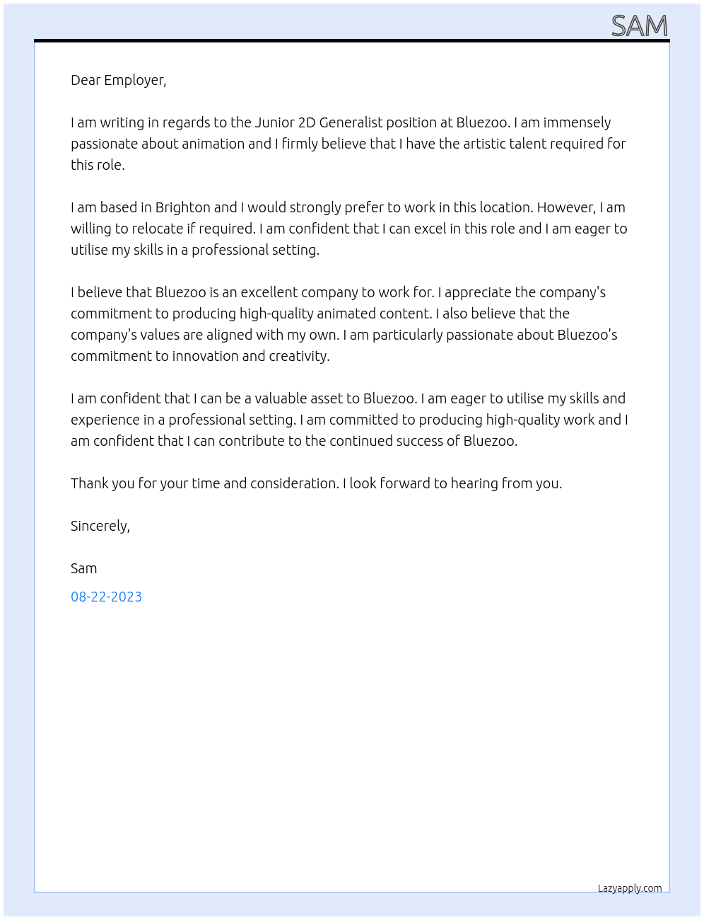 Junior 2D Generalist At Bluezoo Cover Letter