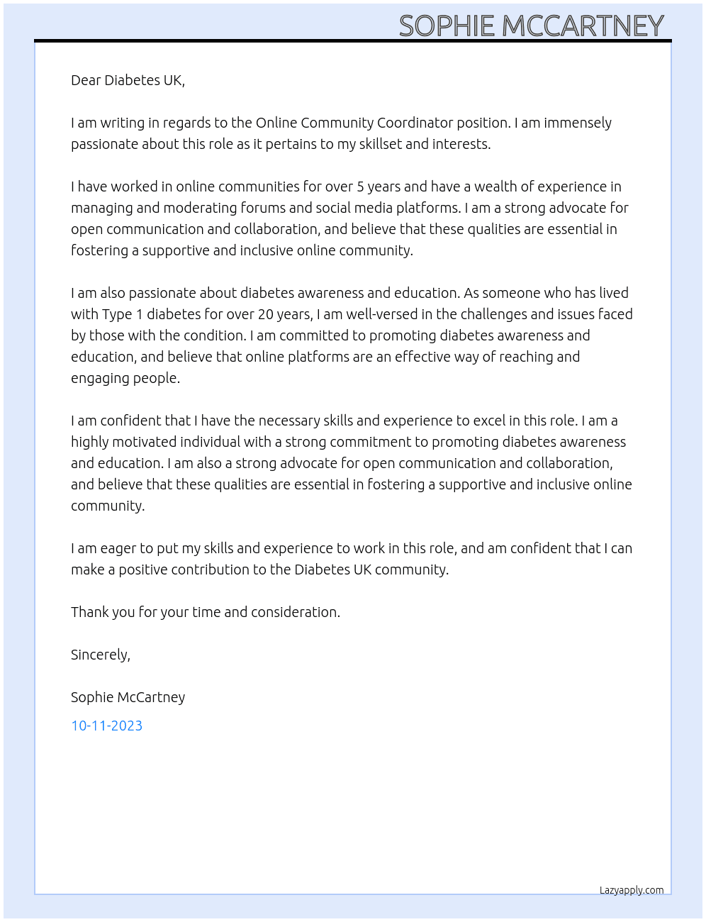 Online Community Coordinator At Diabetes  Cover Letter