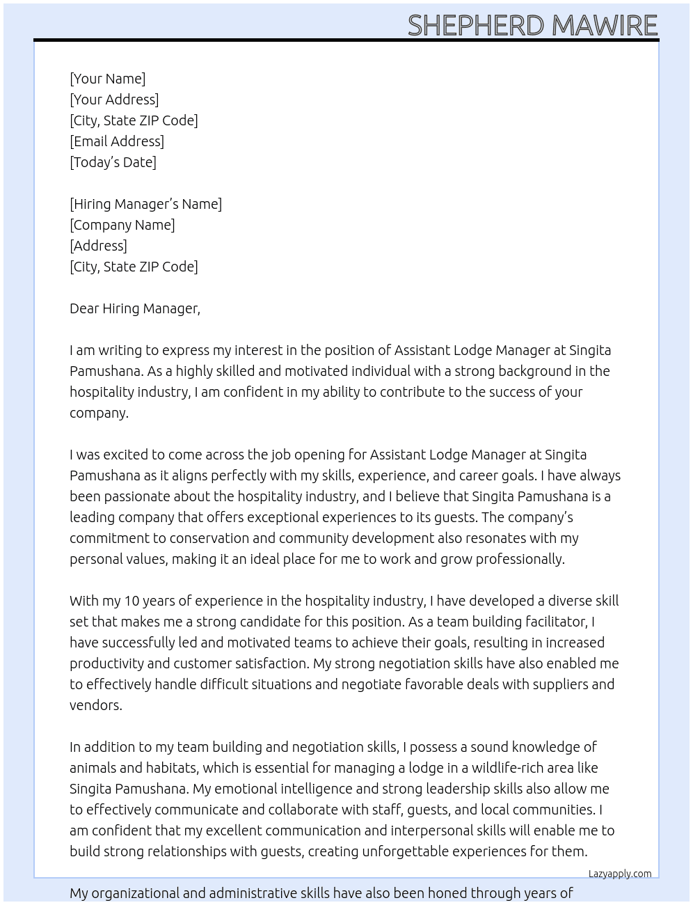assistant lodge manager At Singita Pamushana Cover Letter