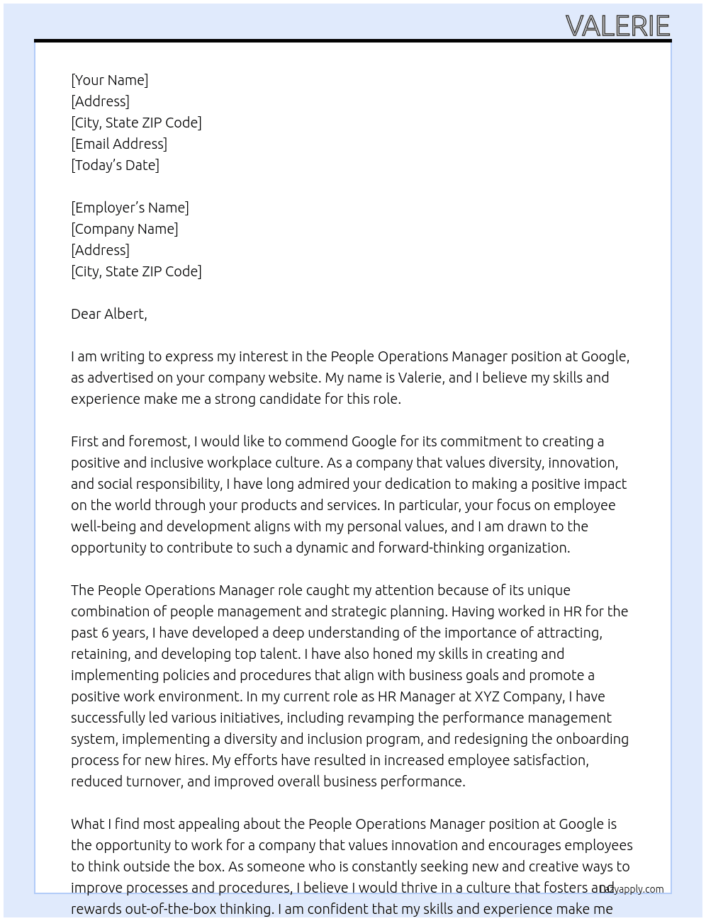 People Operations Manager At Google Cover Letter