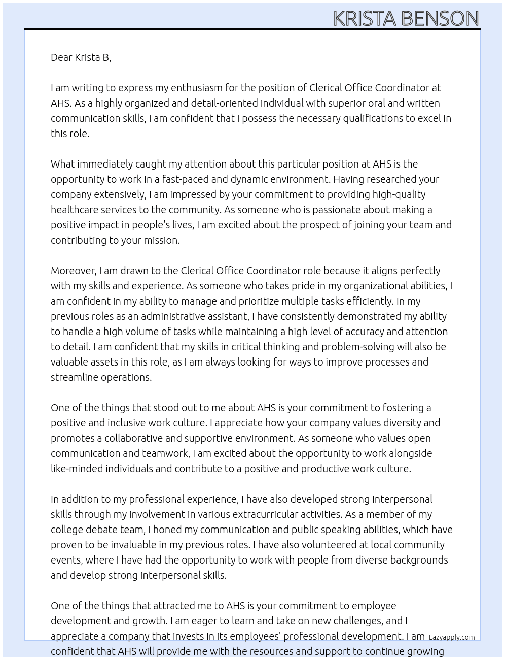 e Clerical Office Coordinator  At AHS Cover Letter