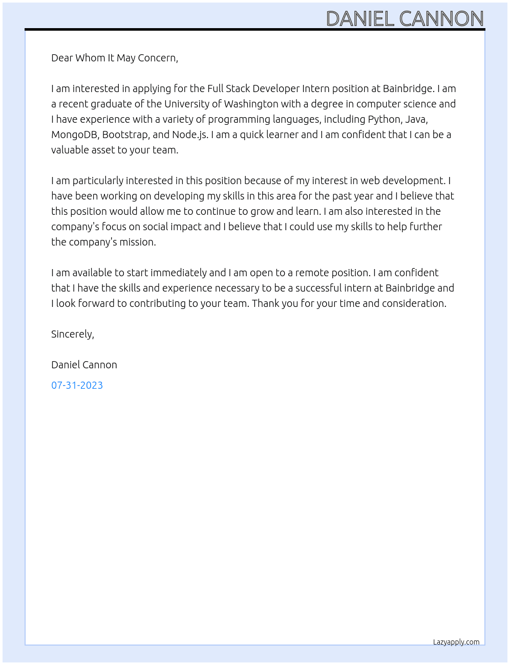 Full Stack Developer Intern At Bainbridge Cover Letter