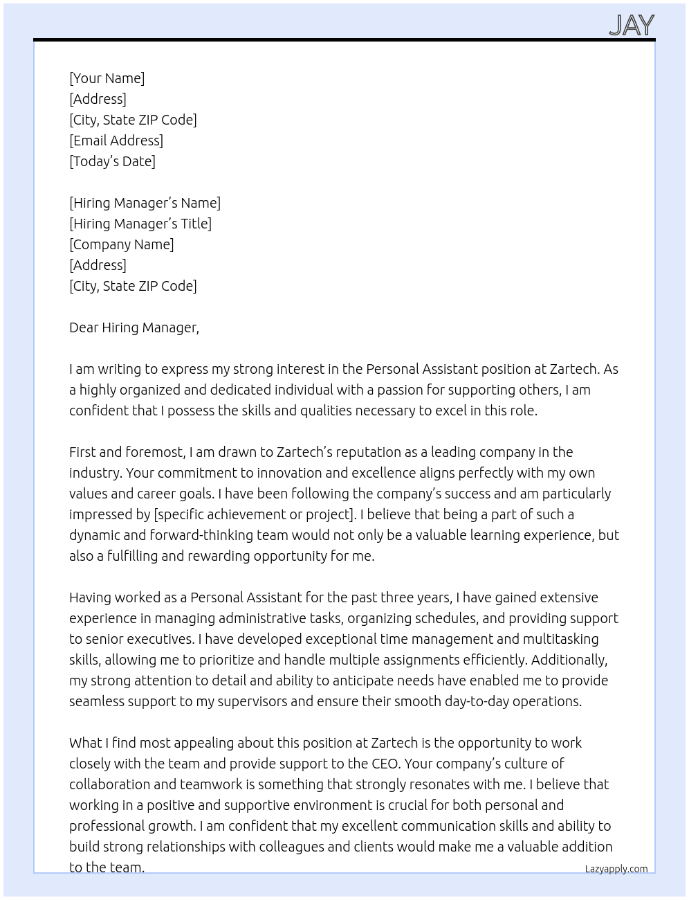 Personal Assistant At Zartech. Cover Letter