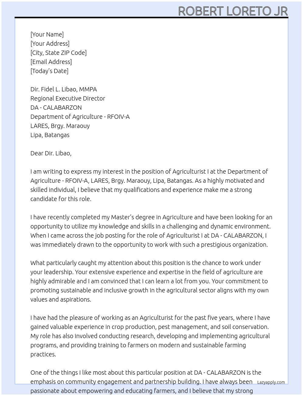 Cover letter for agriculturist i - LazyApply