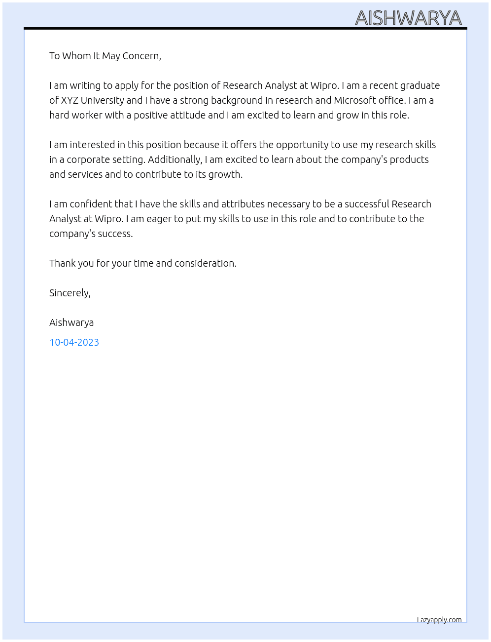 Research analyst  At Wipro  Cover Letter