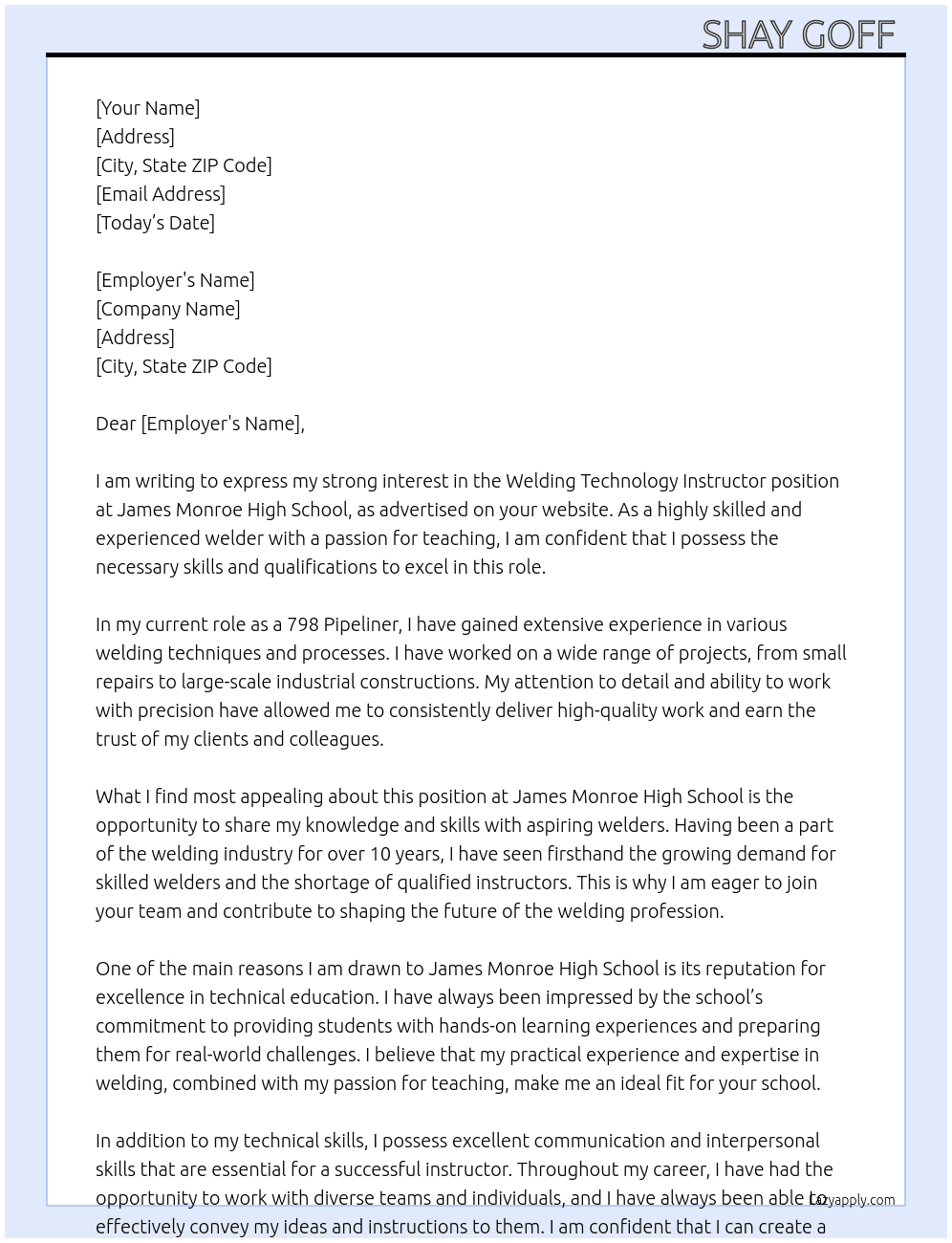 Welding Technology Instructor  At James Monroe High School  Cover Letter