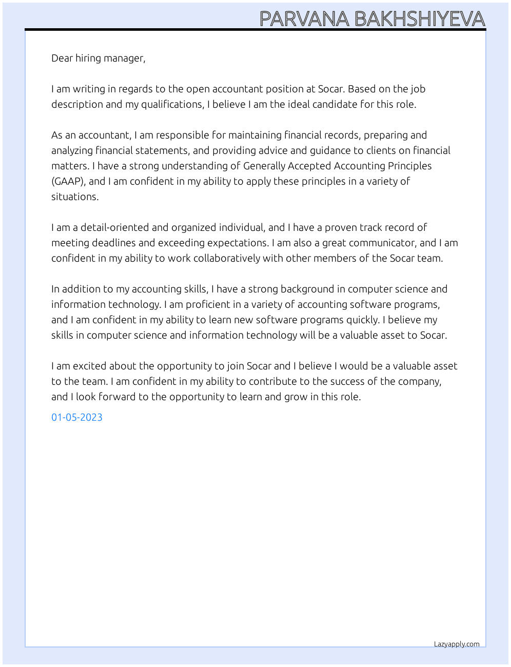 Accountant At Socar Cover Letter