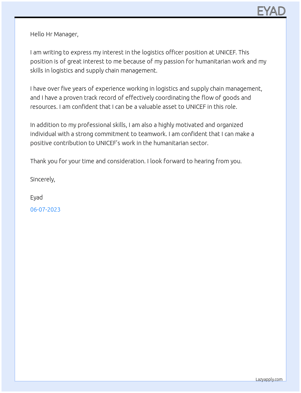 Logistics officer At UNICEF Cover Letter