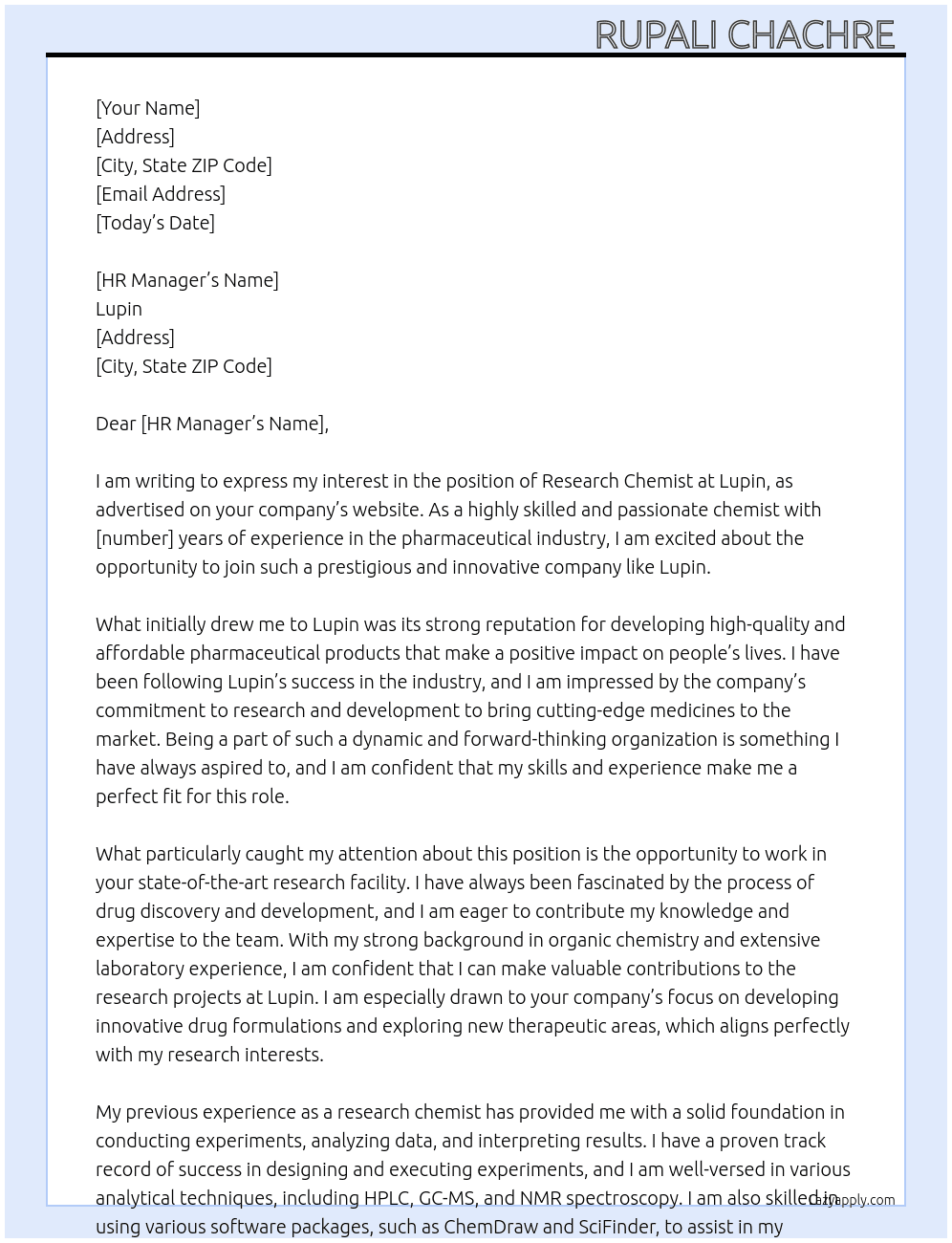 Research chemist  At Lupin Cover Letter